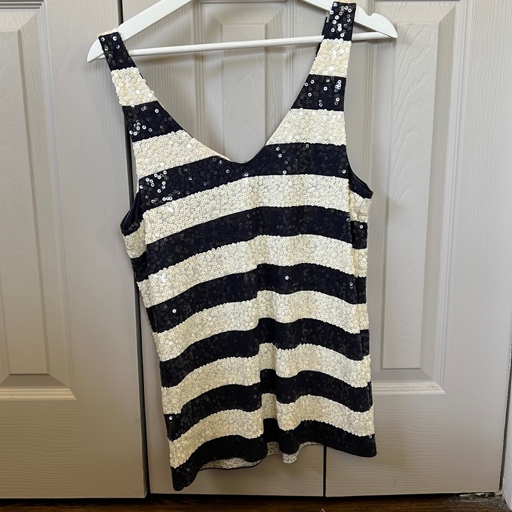 NWT JCREW Medium Navy and Cream stripe sequin tank.